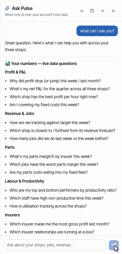 Ask Pulse listing everything you can ask it across your three shops