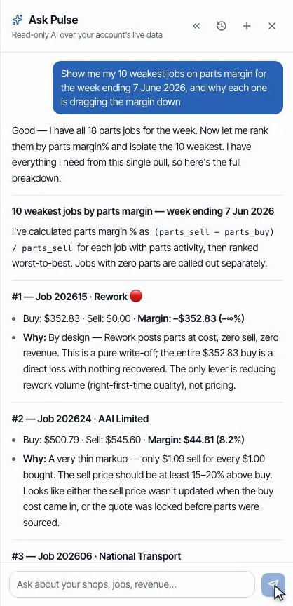 Ask Pulse ranking the 10 weakest jobs on parts margin, worst-first, explaining each one
