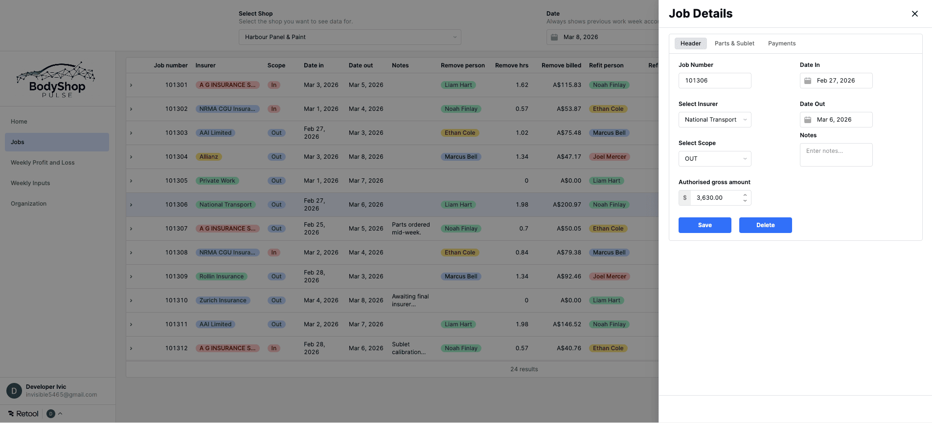 Jobs tab showing job records table and job details panel