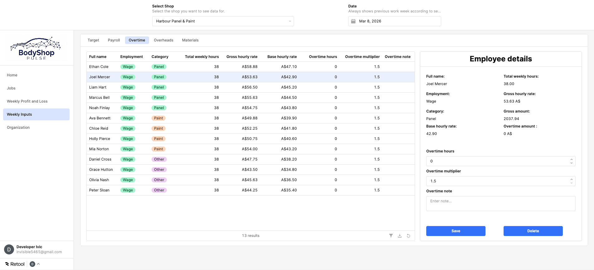 Weekly inputs tab showing overtime table and employee details
