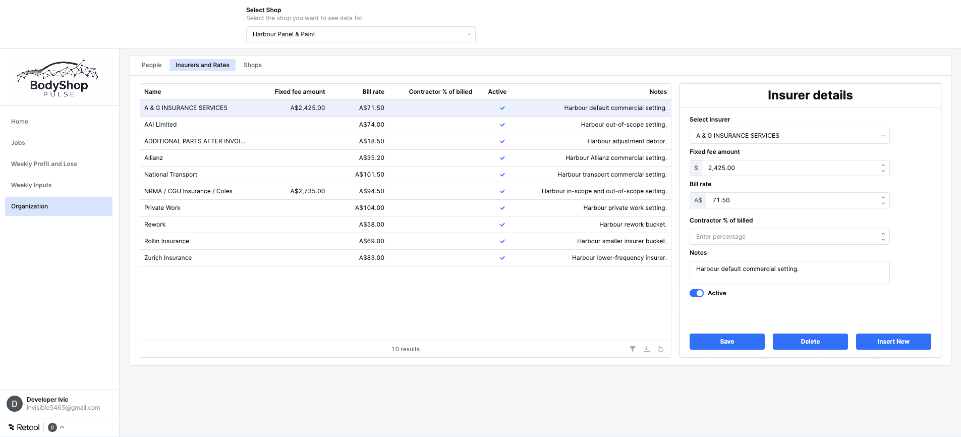 Organization tab showing insurer rates and insurer details
